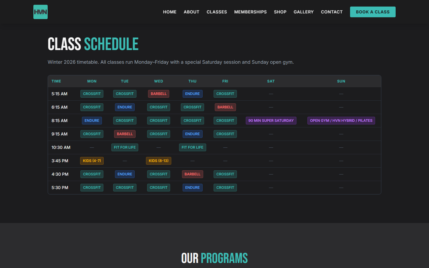Classes — colour-coded weekly timetable