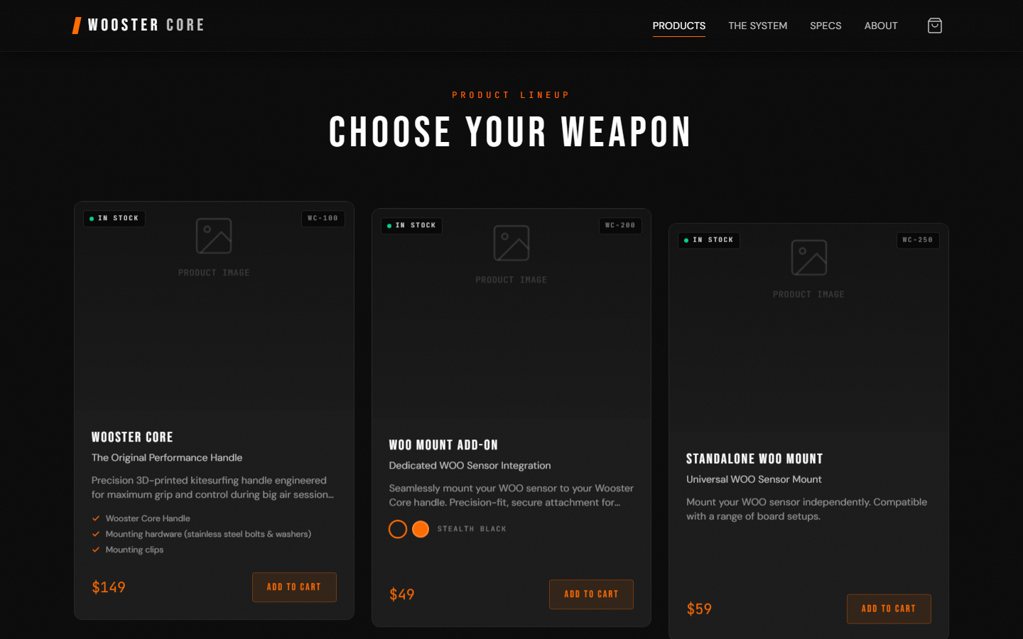 "Choose Your Weapon" product grid with variants and SKUs.