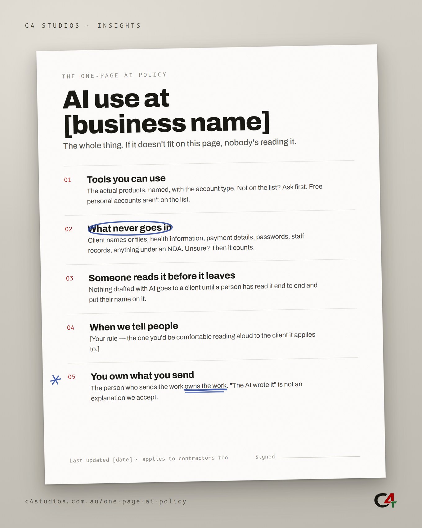 A single printed page titled "AI use at [business name]" listing five numbered clauses, lying on a desk. One clause is circled in blue biro and a line in the last clause is underlined twice.